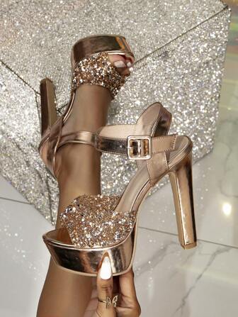 Women's Glittery High Platform Chunky Heel Sandals