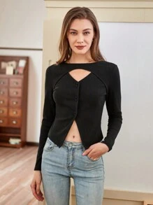 Chiquease Women's Round Neck Solid Color Hollow Out Asymmetric Hem Slim Fit T-Shirt Fall Cloth For Women