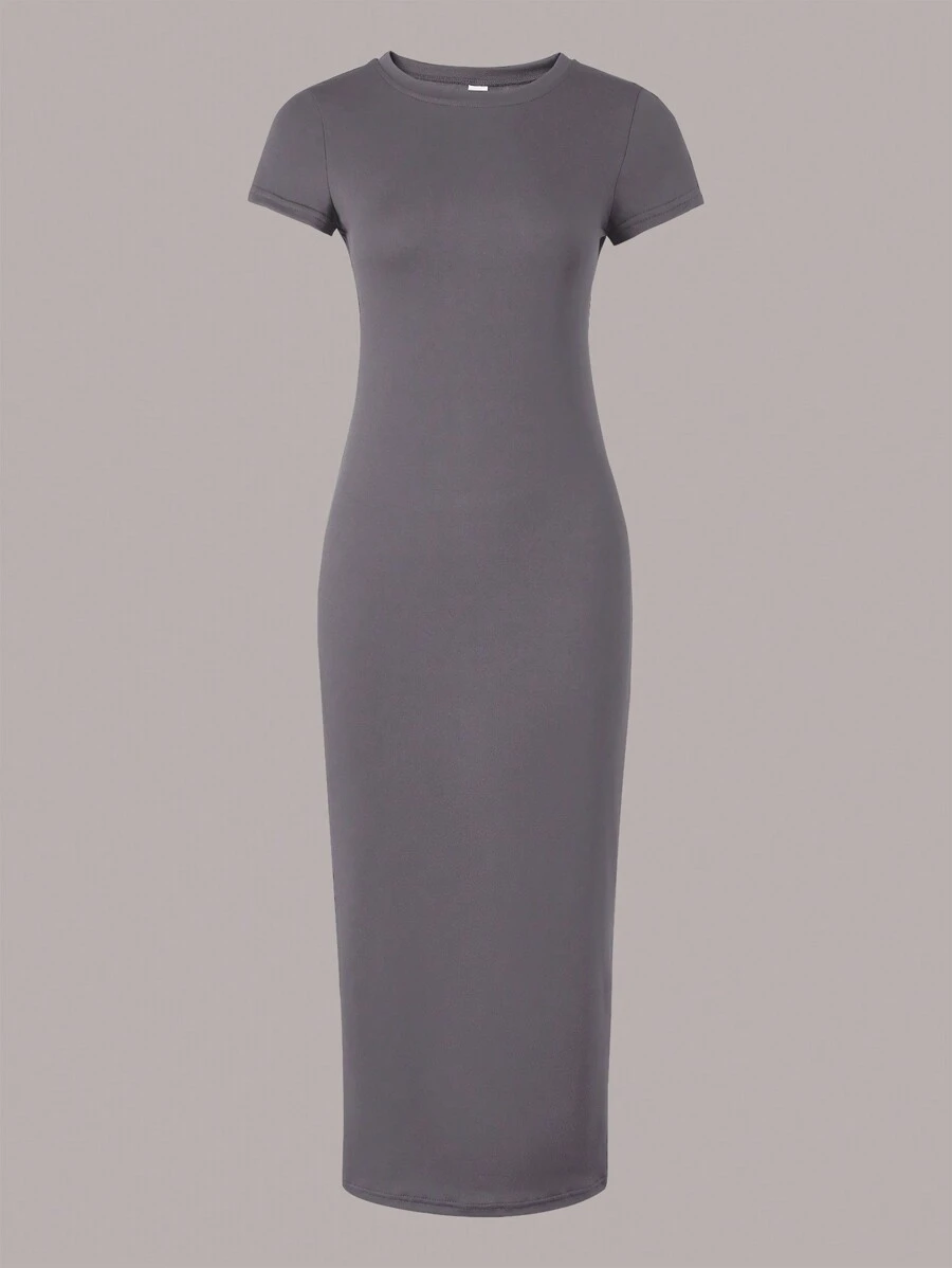 Sparklyn 青少年女孩休闲百搭纯灰色短袖及膝连衣裙 - 灰色 - 查看 1