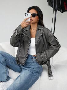 SHEIN Coolane 女士 Pu 腰帶長袖夾克 - 灰色 - 查看 5