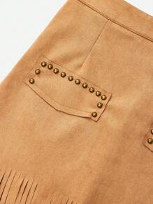 SHEIN VCAY Studded Detail Fringe Hem Bodycon Skirt - Khaki - View 5