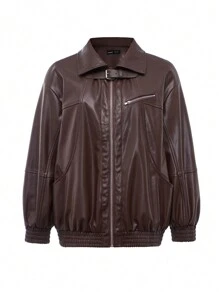 SHEINNeu Dây kéo Thả vai Da nhìn Áo khoác - màu nâu - Xem 2