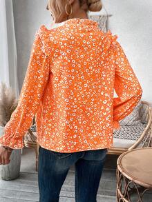 SHEIN LUNE 复古风格立领长袖衬衫，带有碎花图案 - 橘色 - 查看 4