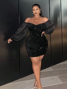 Slaydiva SLAYR PLUS - Luxury Party - Knit Non-Stretch Sequin Contrast Off Shoulder Plus Size Dress - Black - View 2