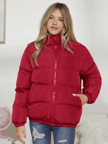 Abrigo acolchado de unicolor con estampado de corazón para adolescentes - Rojo - Ver 5