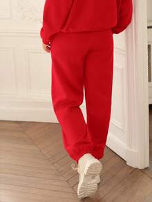 SHEIN Frenchy Pantalones Jogger De Color Sólido Con Bolsillos Oblicuos Y Puños Elásticos - Rojo - Ver 6