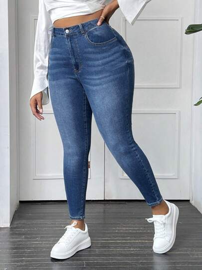 SHEIN SXY Women's Plus Size Cat Whisker Design Slim Fit Jeans With Slanted Pockets, Washed