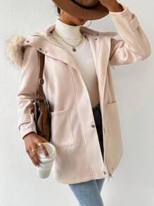 Chiquease 女式毛領拉鍊連帽毛呢夾克 - 杏色 - 查看 5