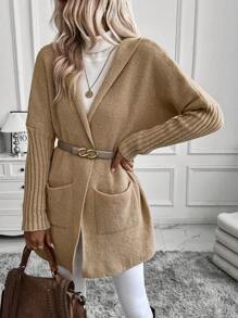 SHEIN LUNE Hooded Cardigan With Patch Pockets Fall Winter Cloth For Women - Khaki - View 2