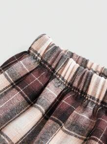 ROMWE Kawaii Apricot & Brown Plaid A-line Skirt With Ruffled Hem - Coffee Brown - View 3
