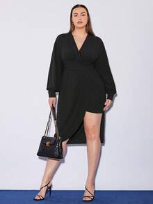 BizChic 大码女式不对称下摆连衣裙 - 黑色 - 查看 3