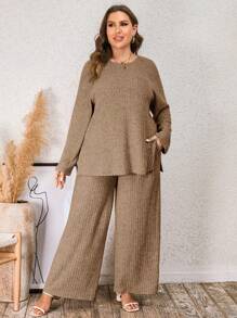 SHEIN LUNE Women's Plus Size Plain Ribbed Top And Pants Two Pieces Set - Mocha Brown - View 3