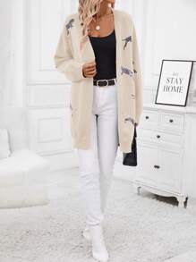 SHEIN Clasi Women's Leopard Pattern Drop Shoulder Front Open Long Sleeve Cardigan - Apricot - View 3