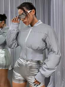 SHEIN ICON Padded Shoulders Waist-tie Reflective -padded Coat - Dark Grey - View 6