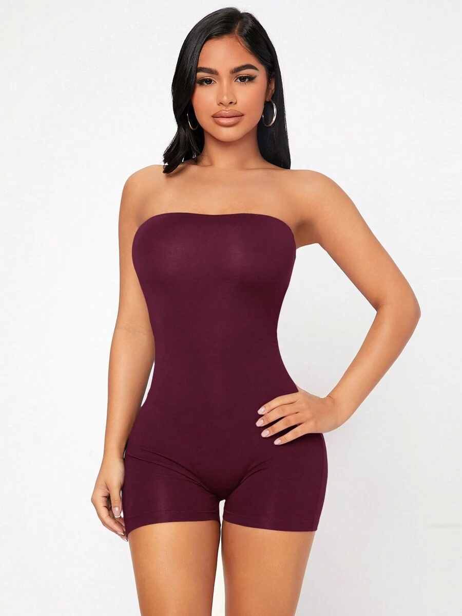SHEIN PETITE Của phụ nữ Màu thuần Quây Romper - Màu Tím - Xem 1