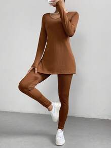 SHEIN Essnce Của phụ nữ Bên Khe Tay áo dài Áo thun Và Xà cạp Bộ - màu nâu - Xem 3