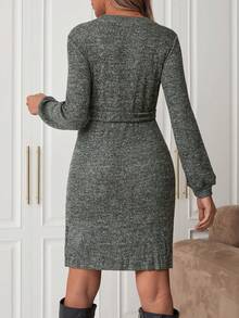 SHEIN 孕婦圓領純色針織裙配皮帶 - 綠色 - 查看 2