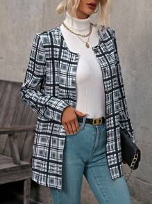 SHEIN LUNE Women's Plaid Round Neck Single Breasted Coat Fall Cloth For Women - Multicolor - View 4