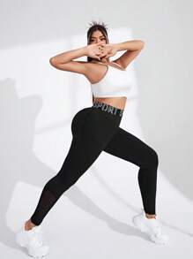 Easithlete Plus Letter Graphic Waist Tape Sports Leggings