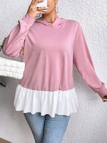 SHEIN Clasi 大码撞色荷叶边下摆套头卫衣，秋季卫衣 - 粉色 - 查看 4