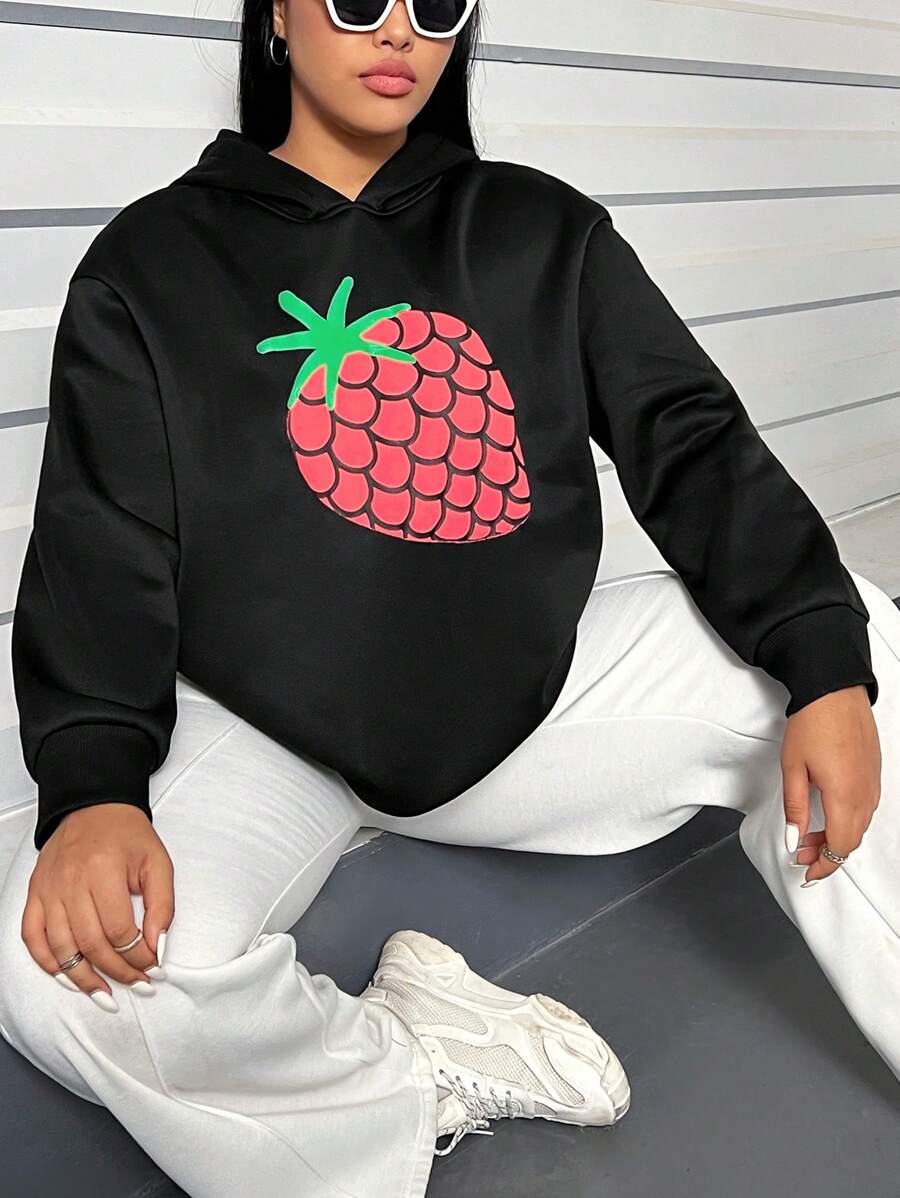 Flirla Áo nỉ nữ cỡ lớn in hình dâu tây, kiểu áo nỉ mùa thu. - màu đen - Xem 1