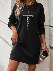 SHEIN LUNE Letter Printed Raglan Sleeve Dress - Black - View 4