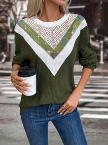 SHEIN LUNE 女款拼接運動衫,搭配下垂袖和亮片細節 - 綠色 - 查看 5