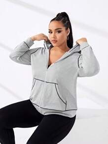 SHEIN Sports 大碼拼接車縫拉鏈開襟連帽運動夾克 - 淺灰色 - 查看 3
