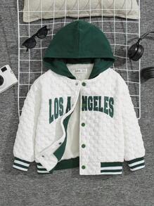 SHEIN Toddler Boys' Casual Comfortable English Embroidery Pattern Color Block Hooded Fleece Jacket