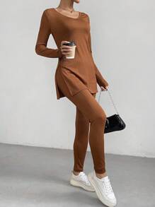 SHEIN Essnce Của phụ nữ Bên Khe Tay áo dài Áo thun Và Xà cạp Bộ - màu nâu - Xem 2