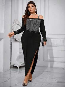 SHEIN Belle Women's Plus Size Rhinestone Decorated Off-Shoulder High Split Dress - Black - View 7