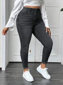 SHEIN EZwear Kích thước lớn Quần jean ôm - màu đen - Xem 3