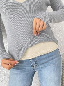 休閒羅紋針織撞色女士毛衣 - 灰色 - 查看 3