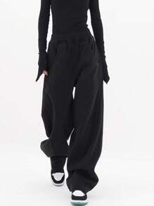 INAWLY Women's Solid Color Wide Leg Yoga Pants With Elastic Waistband - Black - View 1