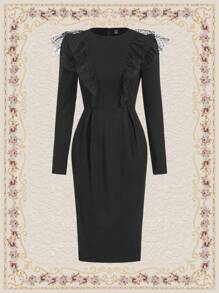 Vintamour Mesh Contrast Long Sleeve Dress - Black - View 1