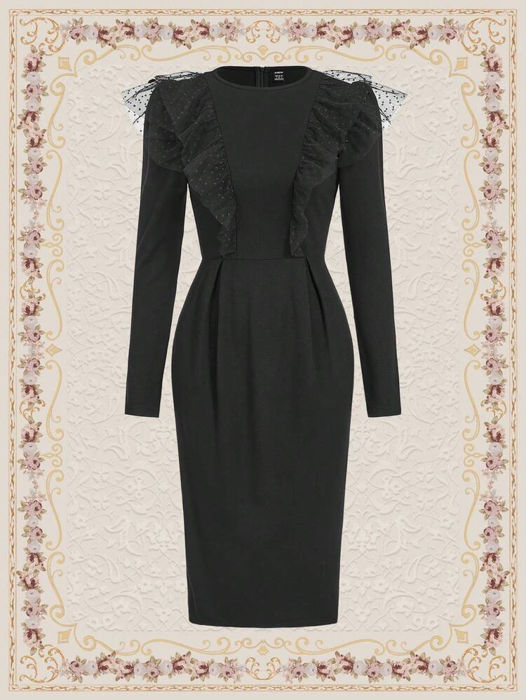 Mesh Contrast Long Sleeve Dress