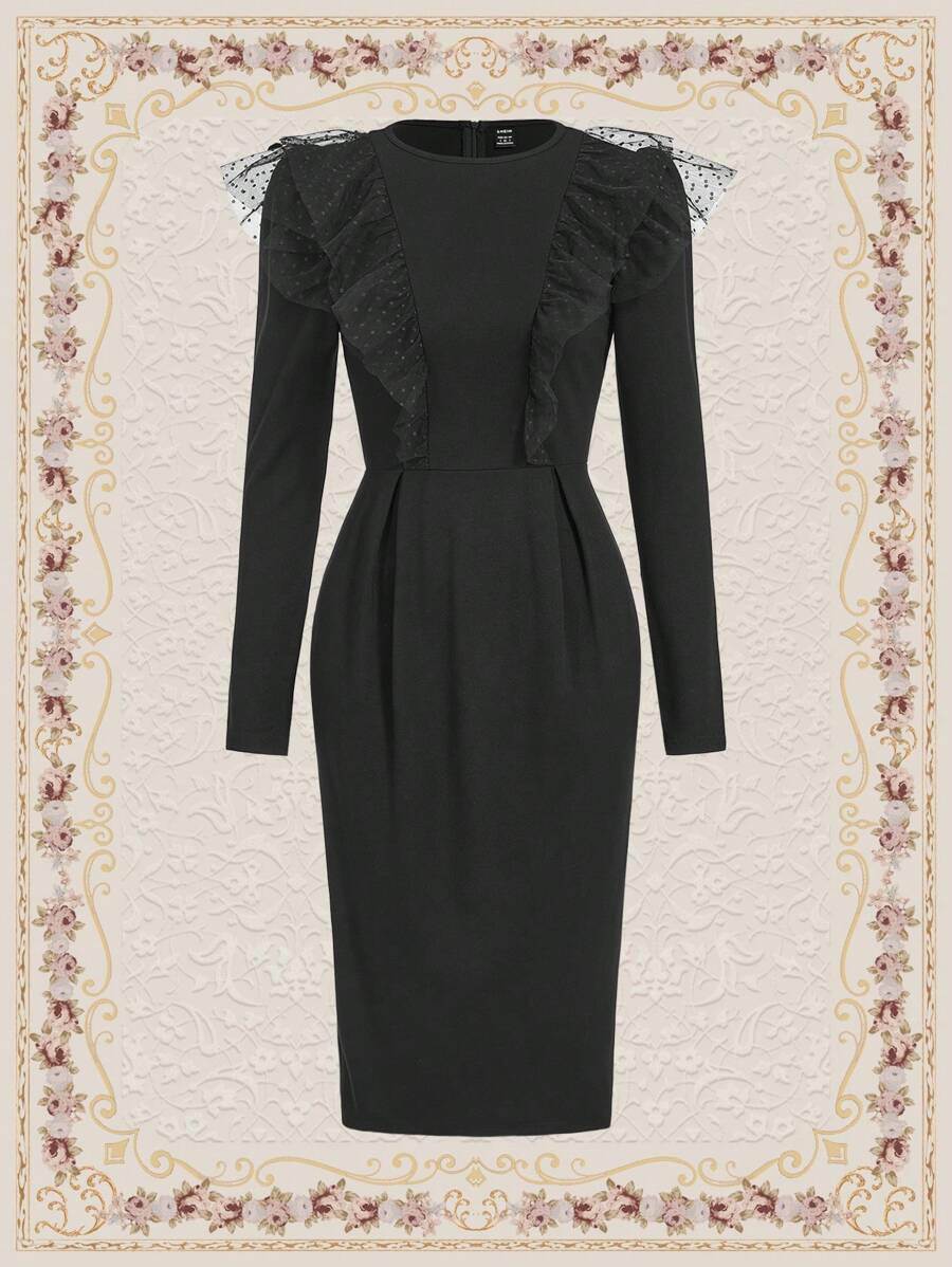 Vintamour Mesh Contrast Long Sleeve Dress - Black - View 1