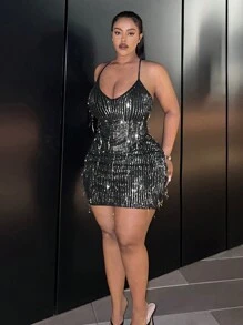 Slaydiva Plus Size Women's Glittery Sleeveless Dress - Black - View 5