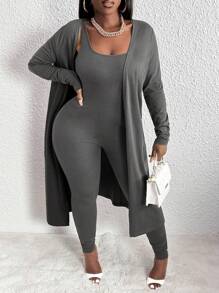 Slaydiva Home Basics, Casual And Versatile, Cardigan Jacket And Vest One-Piece Jumpsuit, Women's Two-Piece Set - Dark Grey - View 4