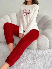 字母刺绣法兰绒上衣和裤子家居服套装，圣诞节