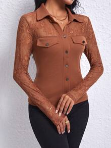 SHEIN Privé Women's Lace Patchwork Turn-down Collar Long Sleeve Top - Brown - View 5