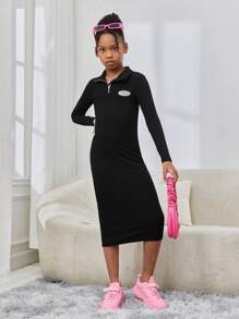 SHEIN Đầm dài tay kiểu dáng thể thao Tween Girl dệt kim nửa túi dành cho trang phục dạo phố - màu đen - Xem 6