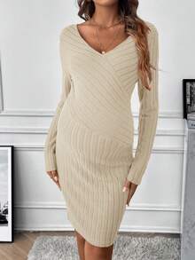 SHEIN Maternity Wrap Cross Ribbed Dress - Apricot - View 4