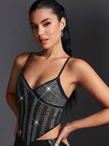 SHEIN BAE Rhinestone Decor Cami Top And Pu Skirt Set - Black - View 7