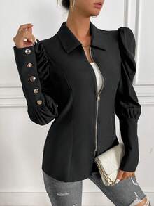 SHEIN Privé 泡泡袖金屬按鈕裝飾拉鍊襯衫 - 黑色 - 查看 5