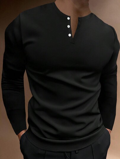 Manfinity Homme Herren T-Shirts mit Knopfleiste, langärmeliges Henley-Shirt, lässiger Frühlings-Tee