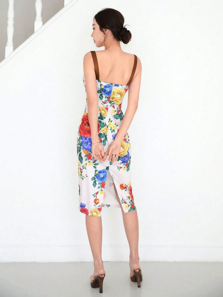 Chinese Style Flower Print Color Block Cami Dress With Spaghetti Straps, Suitable For Dating, Parties, Or Spring Outings