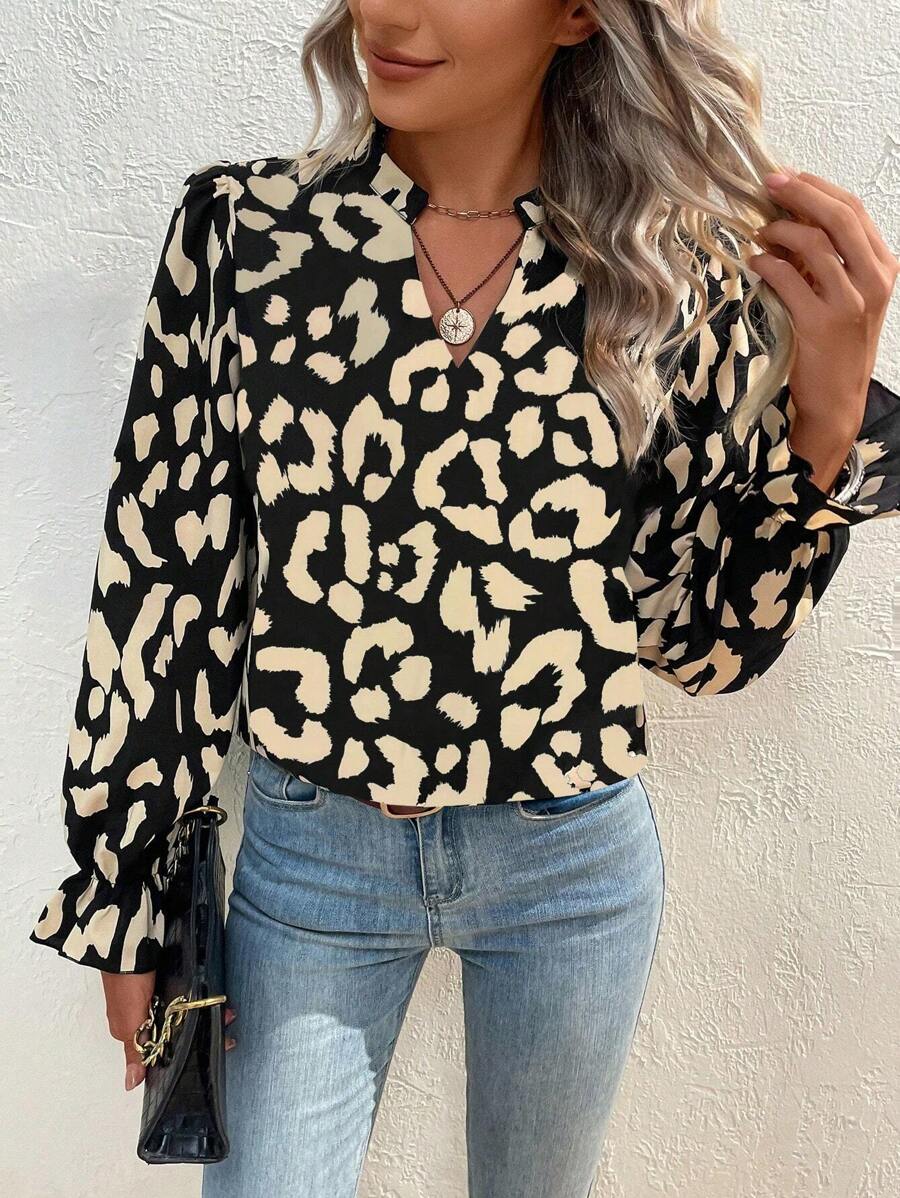 SHEIN LUNE All Over Print Notched Neck Flare Sleeve Blouse - Multicolor - View 1
