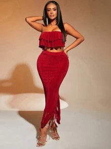 SHEIN SXY 情人節波浪邊背心束頭上衣和流蘇邊裙套裝 - 摩卡棕 - 查看 6