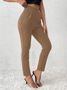 SHEIN PETITE Solid Color Tapered Long Pants - Coffee Brown - View 4